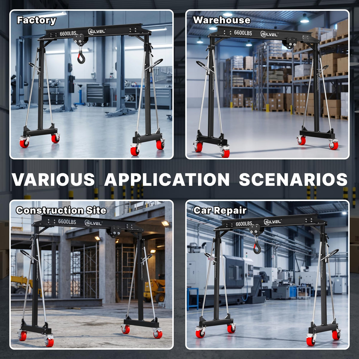SILVEL 3 Ton Gantry Crane 6600LBS, Adjustable Height 8.53-12.47FT Heavy Duty Portable Engine Hoist with Steel I-Beam & Manual Trolley for Workshop, Garage, Warehouse,Red