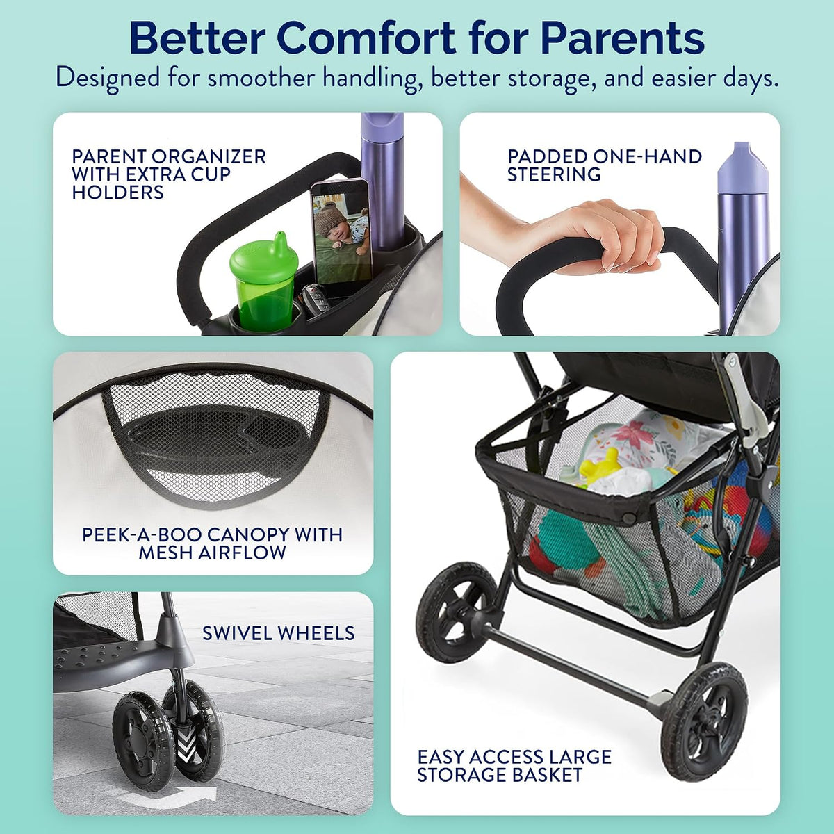 Kolcraft Cloud Plus Lightweight Umbrella Stroller for Toddlers with Reclining Seat, Large Storage Basket, Canopy, Infant & Parent Trays, Compact Fold for Summer Travel, Durable Frame, Slate Gray