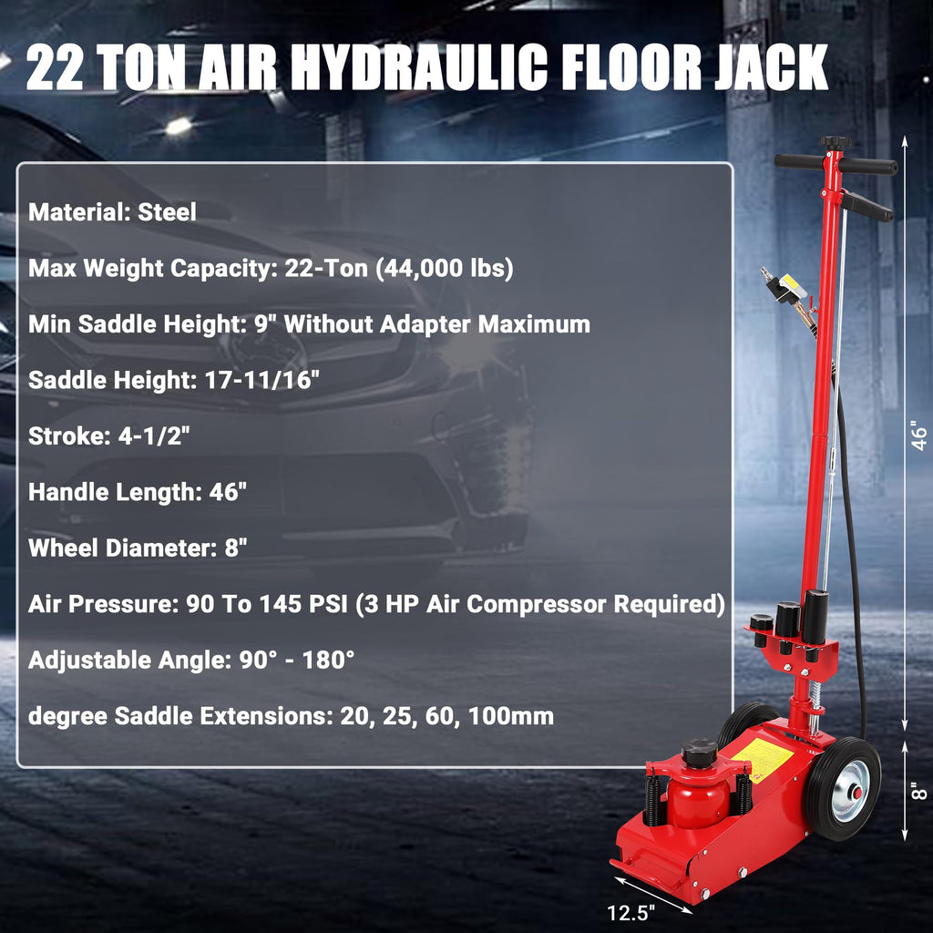 GarveeTech 22 Ton Air Hydraulic Floor Jack for Heavy Duty Trucks & Tractors â Low Profile (9"-17.7"), 4 Adapters, 46" Adjustable Handle â 44,000 Lbs Capacity