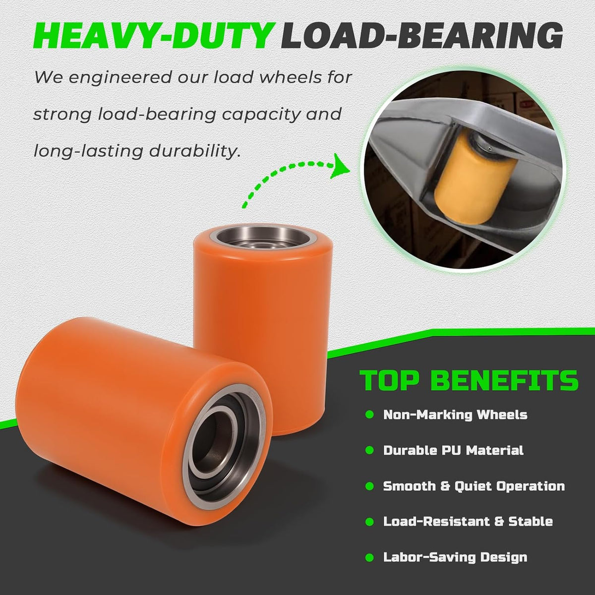 LEAPTREND Load Wheel Kit 2 Pack Compatible with Crown Model WP 3000 Electric Pallet Jack Lift Truck, Heavy Duty Replacement Load Wheels with Bearings