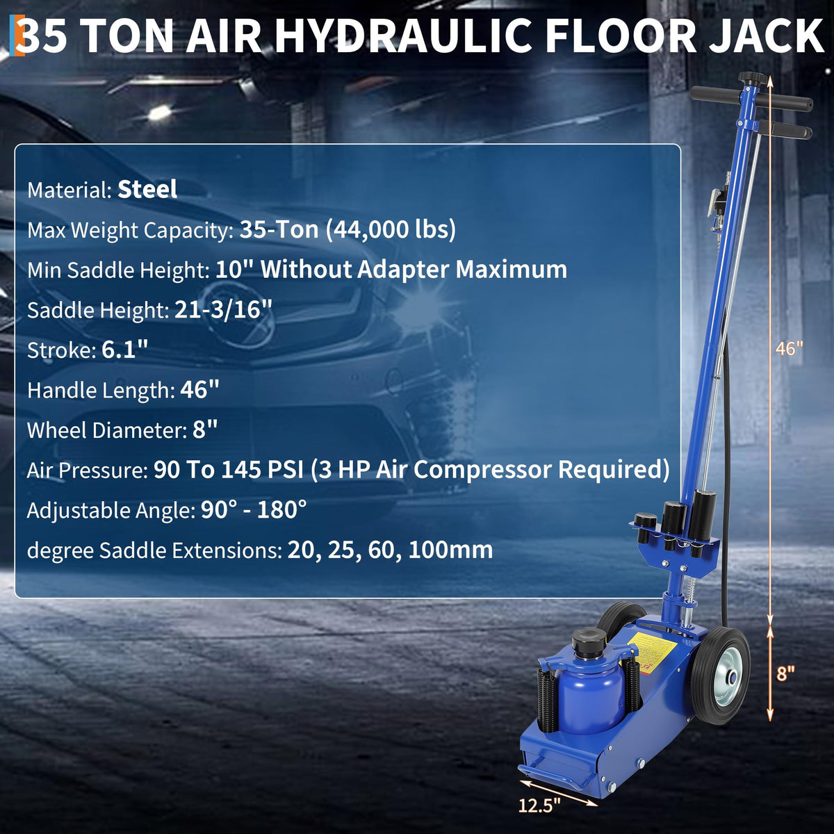 GarveeTech 22 Ton Air Hydraulic Floor Jack for Heavy Duty Trucks & Tractors â Low Profile (9"-17.7"), 4 Adapters, 46" Adjustable Handle â 44,000 Lbs Capacity