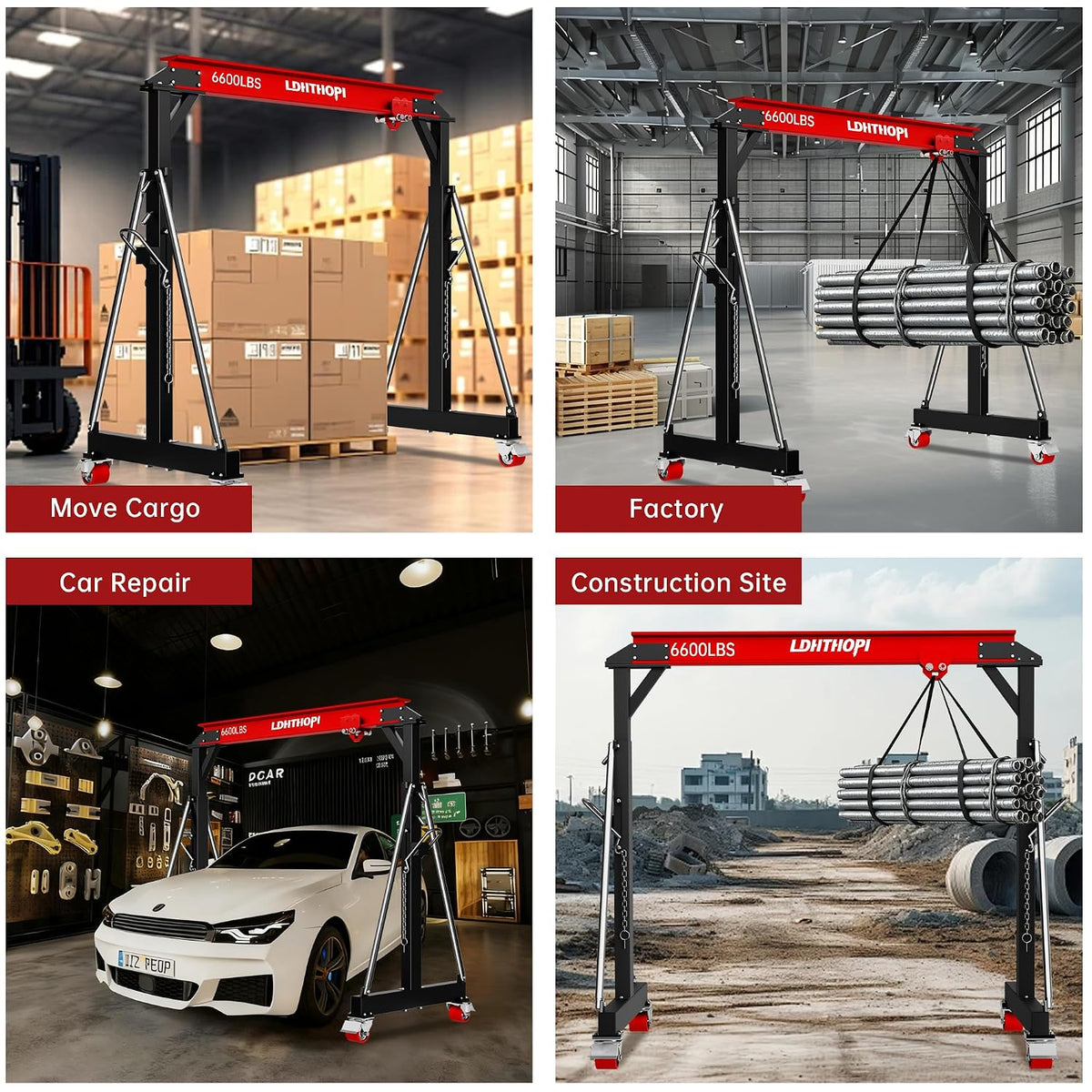 LDHTHOPI 3 Ton Gantry Crane, 6600LBS Adjustable Height 8.53 to 12.47ft with Triangle Base, Portable I-Beam Hoist for Factory, Warehouse, Auto Repair & Construction,Red