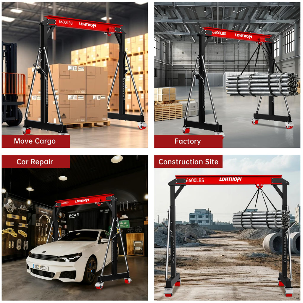 LDHTHOPI 3 Ton Gantry Crane, 6600LBS Adjustable Height 8.53 to 12.47ft with Triangle Base, Portable I-Beam Hoist for Factory, Warehouse, Auto Repair & Construction,Red