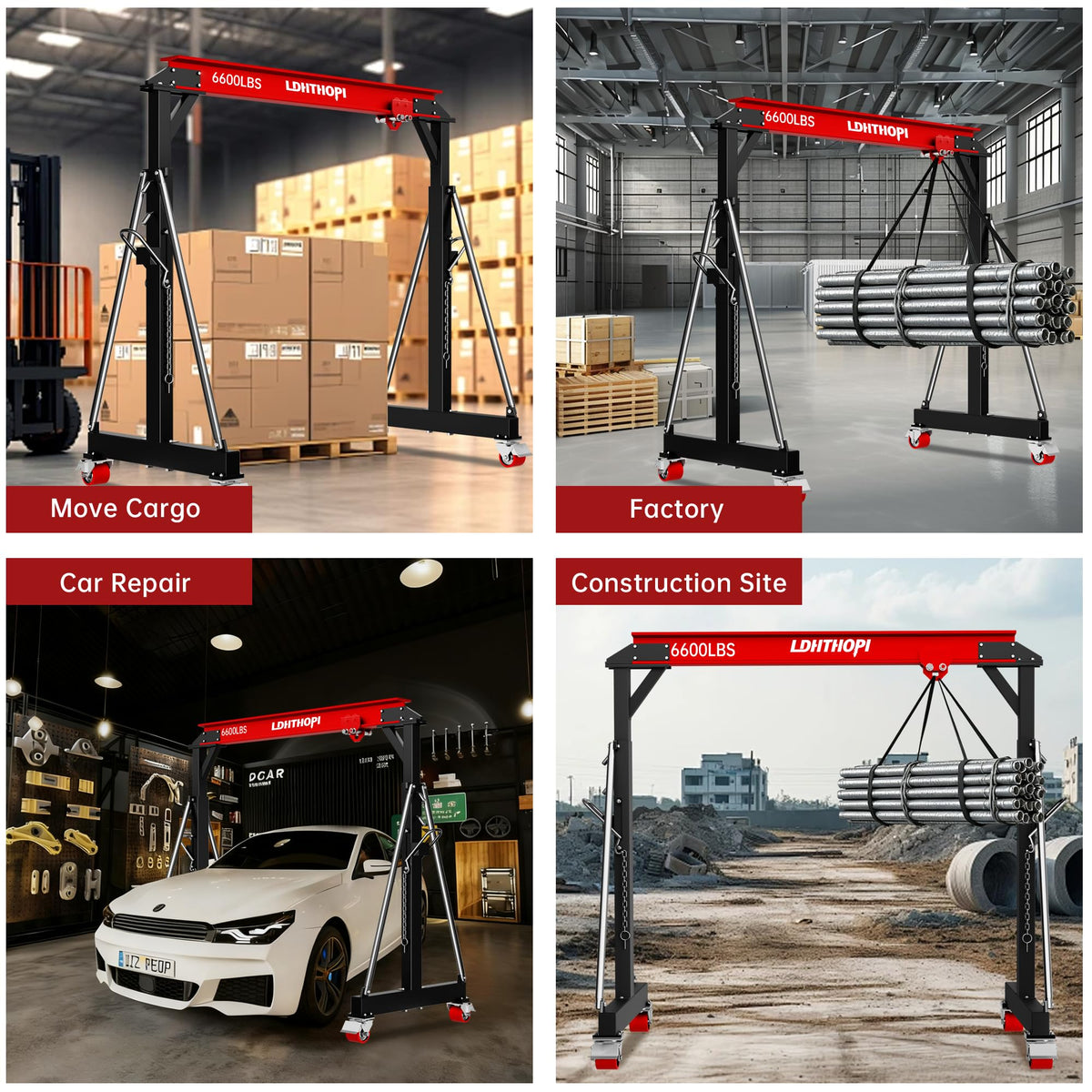 LDHTHOPI 3 Ton Gantry Crane, 6600LBS Adjustable Height 8.53 to 12.47ft with Triangle Base, Portable I-Beam Hoist for Factory, Warehouse, Auto Repair & Construction,Red
