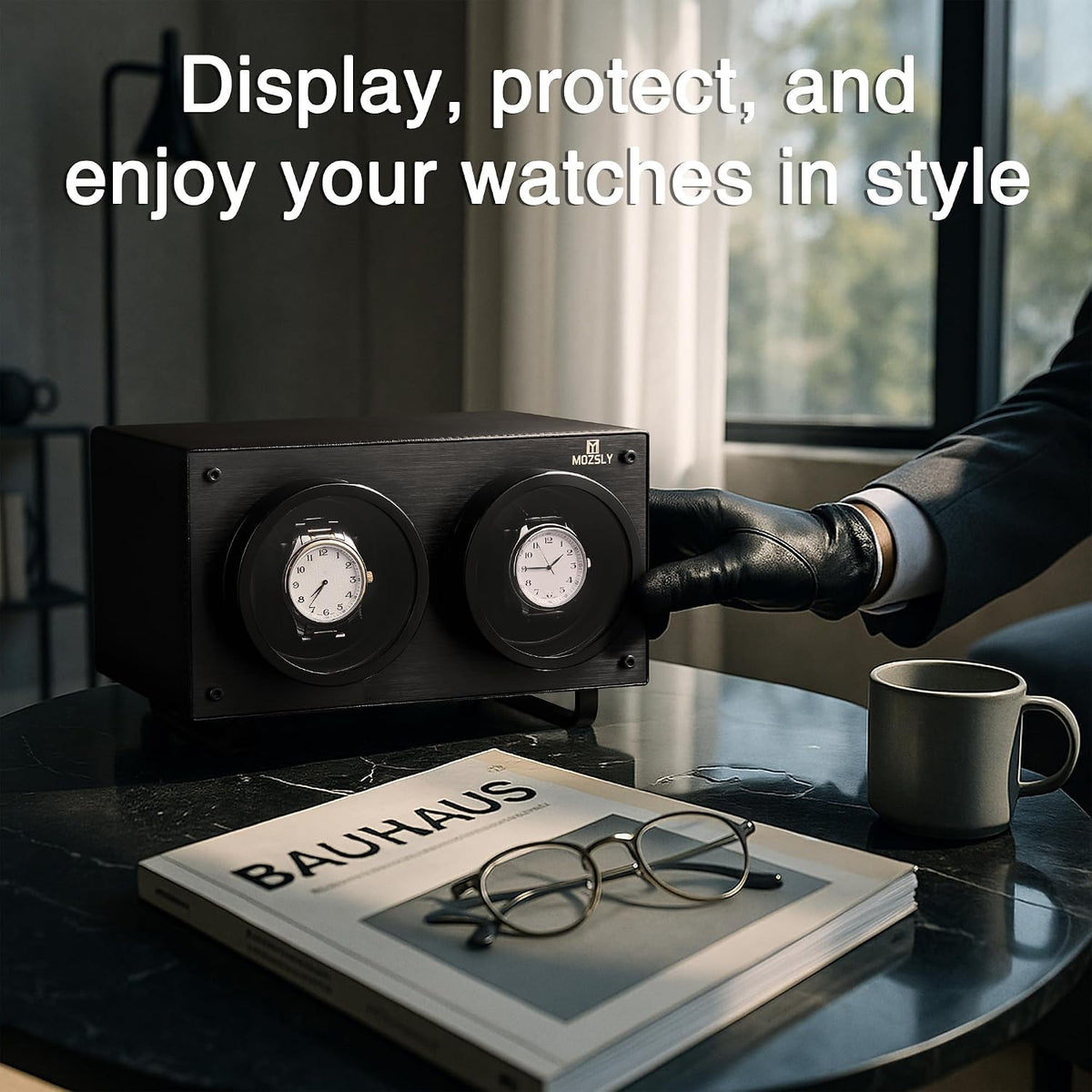 MOZSLY Double Watch Winder for Automatic Watches with Quiet Motor 12 Rotation Mode Setting AC Adapter or Battery Powered PU Leather