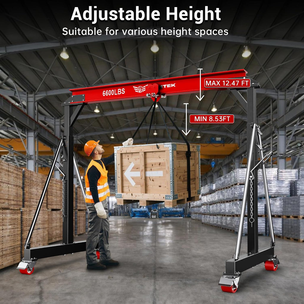 3 Ton Adjustable Gantry Crane,2026 Upgraded 6600LBS Steel I-Beam Construction, Portable Design with 360Â°Locking Wheels,Gantry Crane Adjustable Height from 8.53-12.5ft for Workshop,Garage