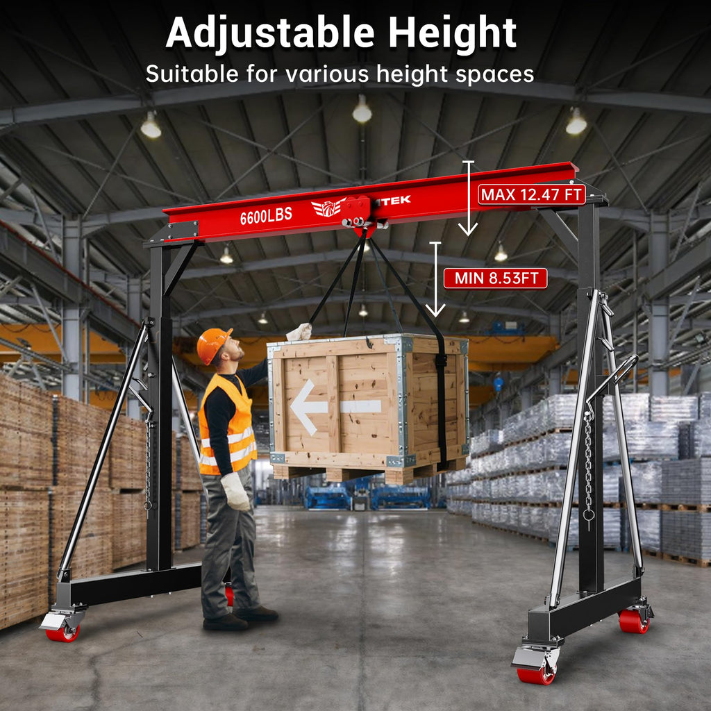 3 Ton Adjustable Gantry Crane,2026 Upgraded 6600LBS Steel I-Beam Construction, Portable Design with 360Â°Locking Wheels,Gantry Crane Adjustable Height from 8.53-12.5ft for Workshop,Garage