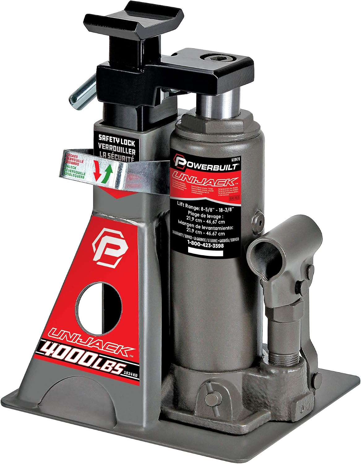 Powerbuilt 2 Ton UniJack Combination Hydraulic Bottle Jack / Jackstand in 1 Unit, Compact, Portable, Wide Base, for Unibody Sedans, CUVs, SUVs, Cars, - 620470