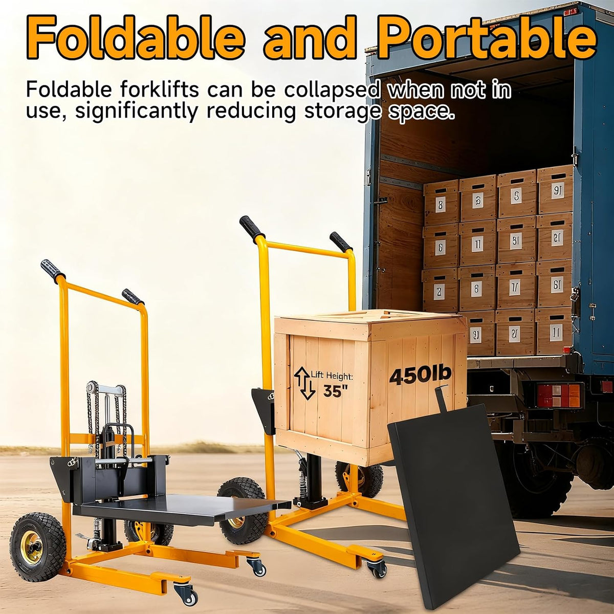 MMS Foldable Hydraulic Material Lift Winch Stacker, 450 Lbs 35.8" Max Lift w/ 9" Wheels 360Â° Swivel Casters, Pallet Truck Dolly, Fork Lift Table Cart, Pallet Jack, Removable Platform, Adjustable Forks