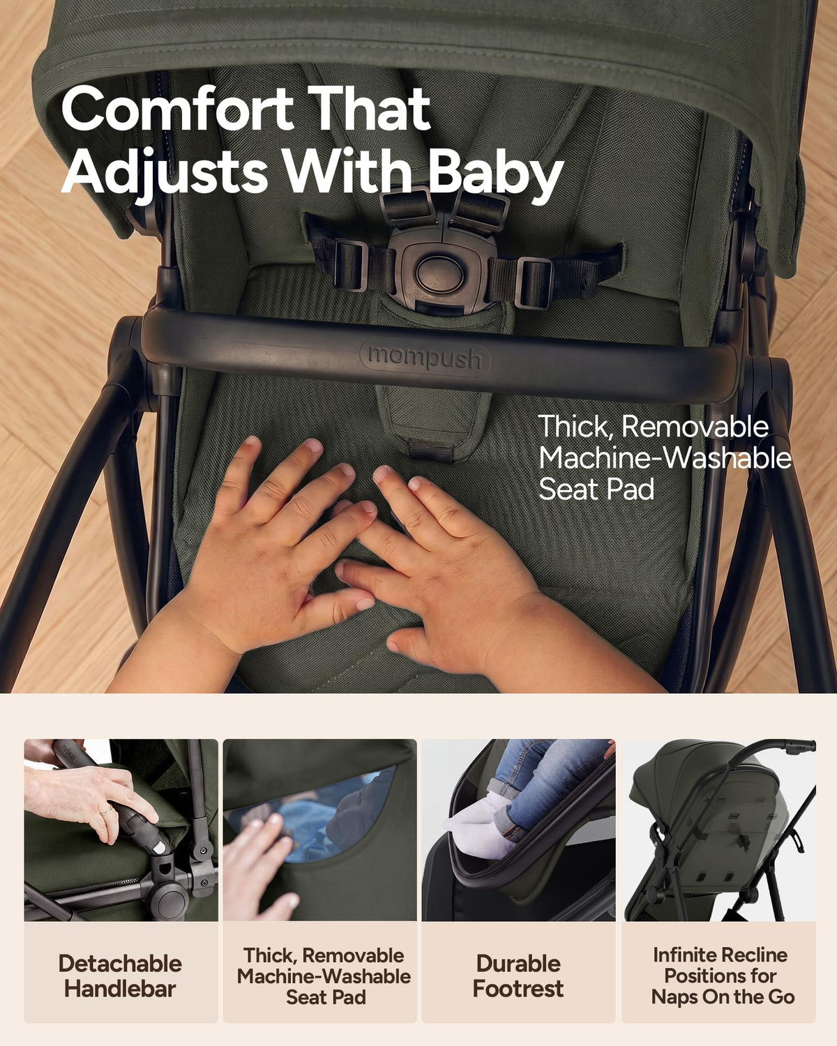 Mompush Wiz 2-in-1 Bassinet Stroller Reversible Seat, One-Hand Fold, Sage