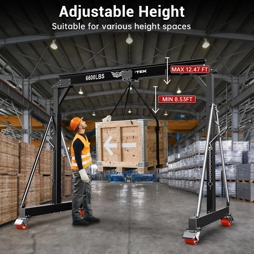 3 Ton Gantry Crane MAX6600lbs, Manual Trolley, 8.53FT Max Width, Portable Shop Crane with 8.53-12.47 FT Adjustable Height for Factories, Warehouses, Auto Repair, Black