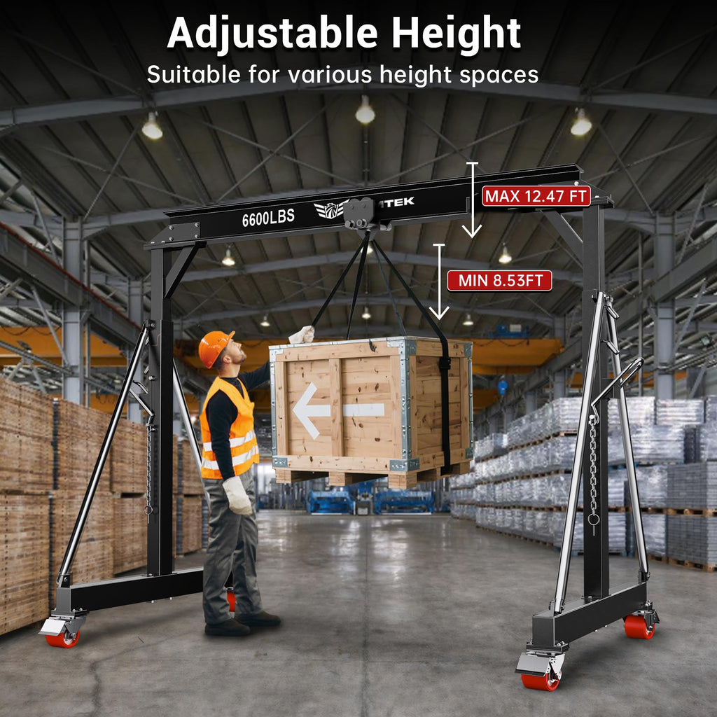 3 Ton Adjustable Gantry Crane,2026 Upgraded 6600LBS Steel I-Beam Construction, Portable Design with 360Â°Locking Wheels,Gantry Crane Adjustable Height from 8.53-12.5ft for Workshop,Garage