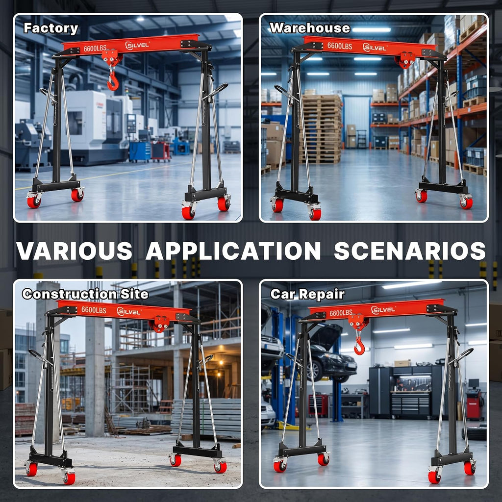SILVEL 3 Ton Gantry Crane 6600LBS, Adjustable Height 8.53-12.47FT Heavy Duty Portable Engine Hoist with Steel I-Beam & Manual Trolley for Workshop, Garage, Warehouse,Red