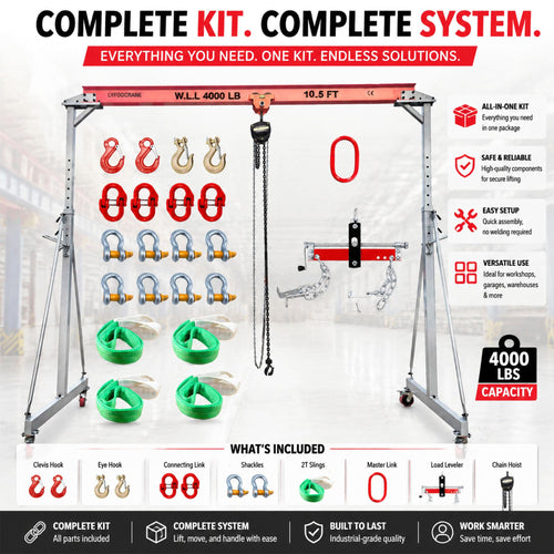 4400 lb - 10.5 ft - (7.8~11 ft) Adjustable Gantry Crane Kit, Span Adjustable Garage Crane, A Frame Portable Crane with Hoist, Trolley, Sling, Engine Lever
