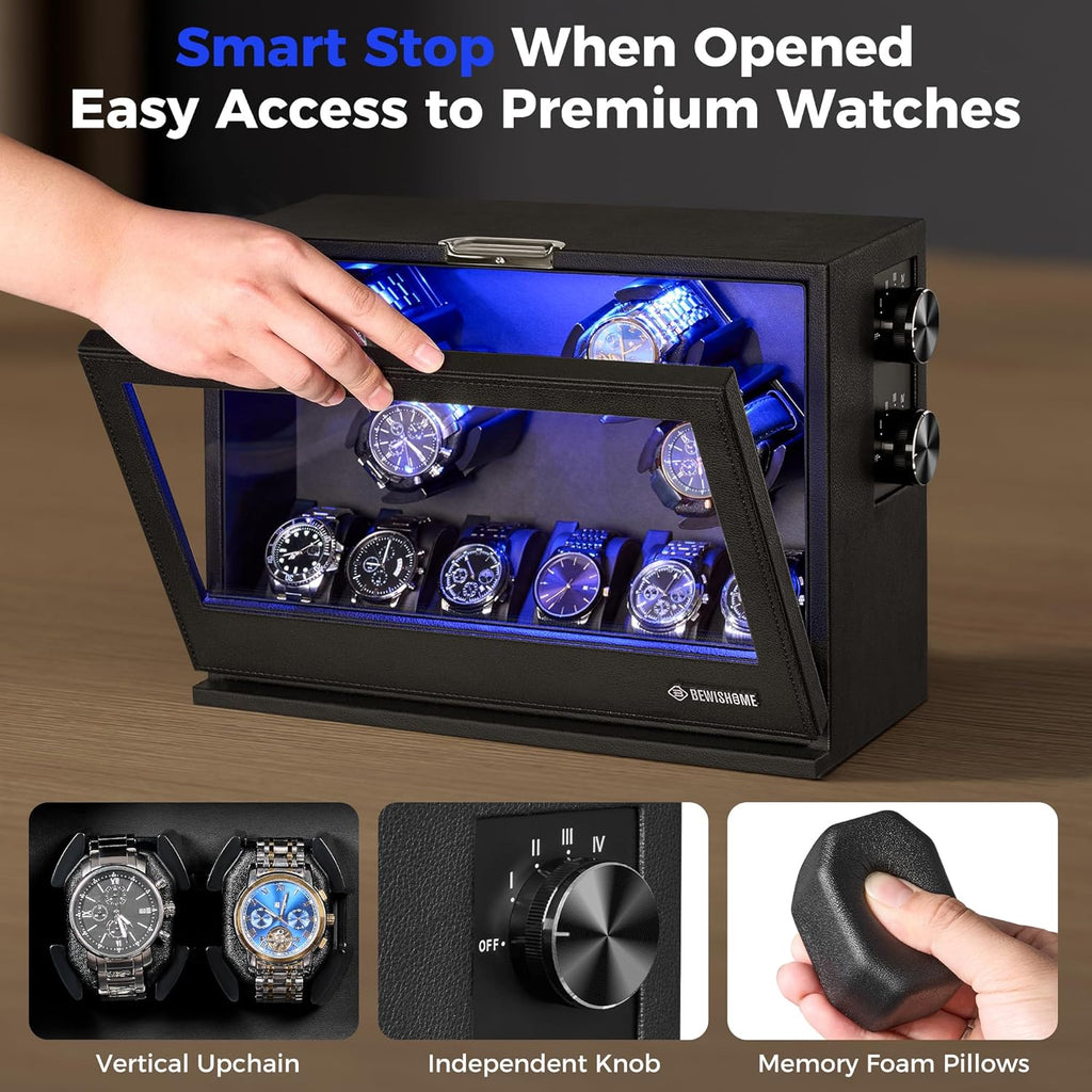 BEWISHOME 4 Watch Winders for Automatic Watches, 6 Display Case LED 4 Modes