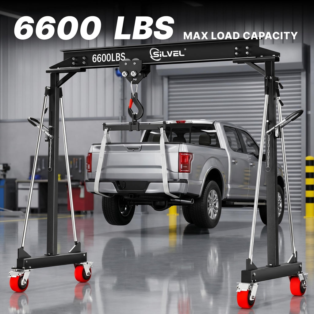 SILVEL 3 Ton Gantry Crane 6600LBS, Adjustable Height 8.53-12.47FT Heavy Duty Portable Engine Hoist with Steel I-Beam & Manual Trolley for Workshop, Garage, Warehouse,Red