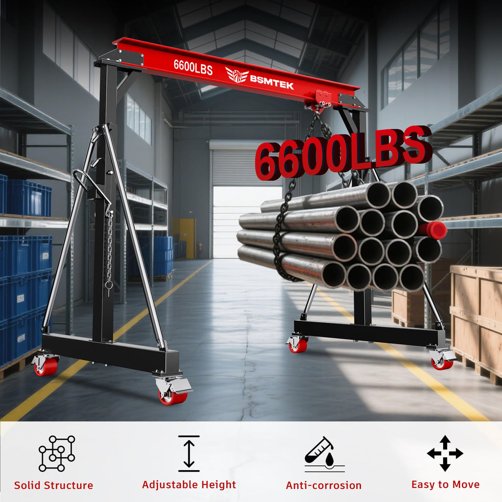 3 Ton Adjustable Gantry Crane,2026 Upgraded 6600LBS Steel I-Beam Construction, Portable Design with 360Â°Locking Wheels,Gantry Crane Adjustable Height from 8.53-12.5ft for Workshop,Garage