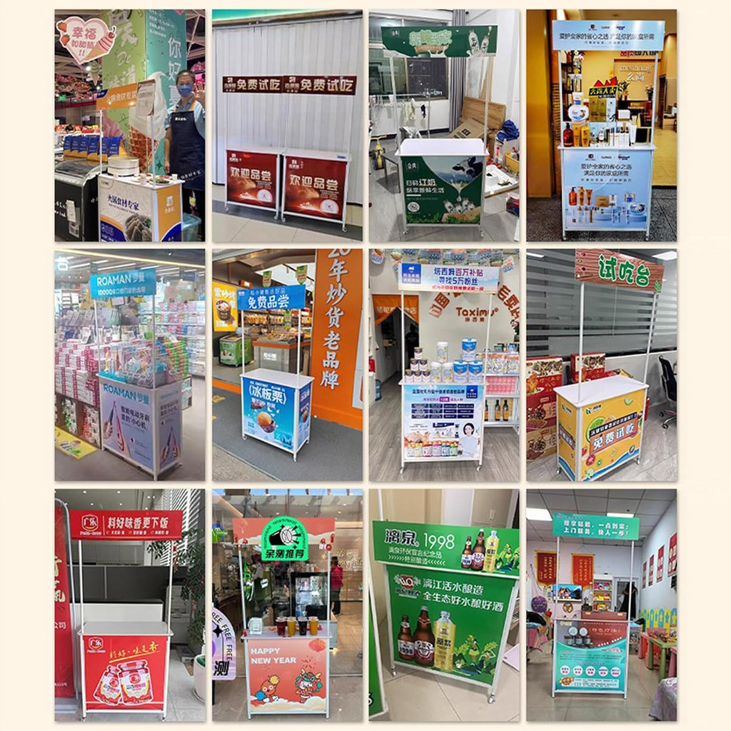 Mobile Portable Promotion Counter Table, Pop Up Podium Trade Show Exhibition Reception Event Desk Counter Speech Stand ,Commercial Supermarket Folding Tasting Table Booth Kiosk Display Banner Stand