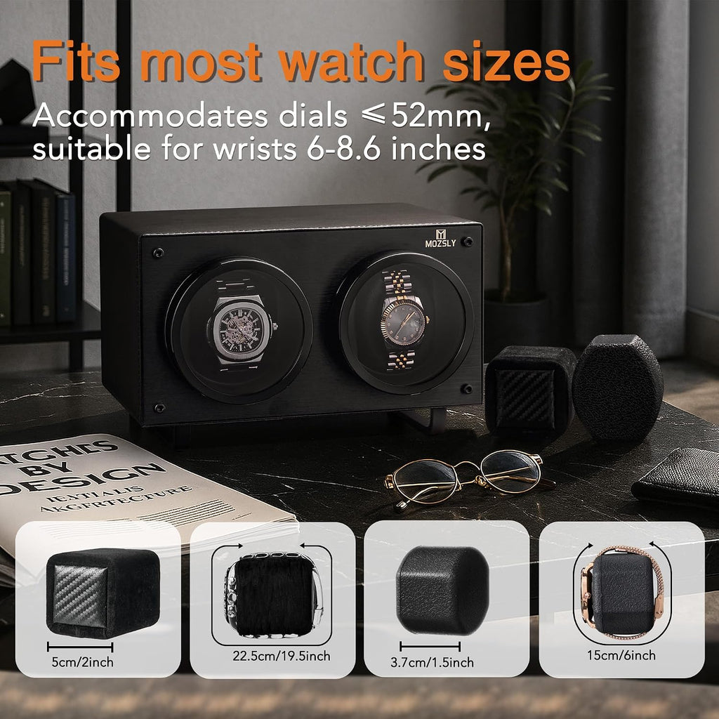 MOZSLY Double Watch Winder for Automatic Watches with Quiet Motor 12 Rotation Mode Setting AC Adapter or Battery Powered PU Leather
