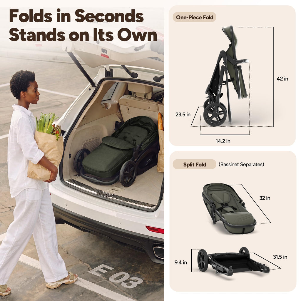 Mompush Wiz 2-in-1 Bassinet Stroller Reversible Seat, One-Hand Fold, Sage