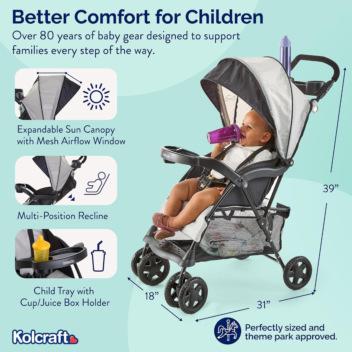 Kolcraft Cloud Plus Lightweight Umbrella Stroller for Toddlers with Reclining Seat, Large Storage Basket, Canopy, Infant & Parent Trays, Compact Fold for Summer Travel, Durable Frame, Slate Gray