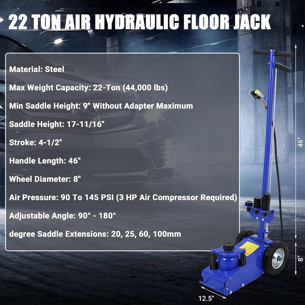 GarveeTech 22 Ton Air Hydraulic Floor Jack for Heavy Duty Trucks & Tractors â Low Profile (9"-17.7"), 4 Adapters, 46" Adjustable Handle â 44,000 Lbs Capacity