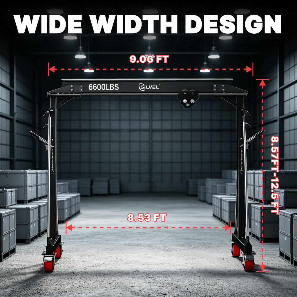SILVEL 3 Ton Gantry Crane 6600LBS, Adjustable Height 8.53-12.47FT Heavy Duty Portable Engine Hoist with Steel I-Beam & Manual Trolley for Workshop, Garage, Warehouse,Red