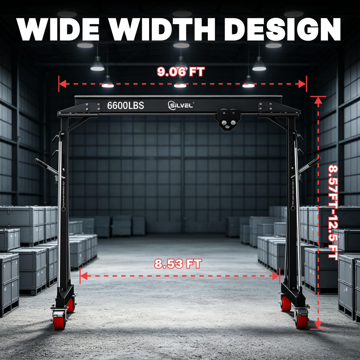 SILVEL 3 Ton Gantry Crane 6600LBS, Adjustable Height 8.53-12.47FT Heavy Duty Portable Engine Hoist with Steel I-Beam & Manual Trolley for Workshop, Garage, Warehouse,Red
