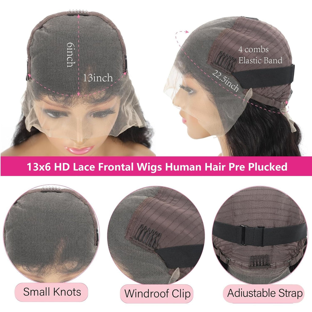 oveflect 30Inch 13x6 HD Lace Front Wig - 200% Density Body Wave Human Hair - Pre-Plucked Glueless Virgin Hair, Natural Look
