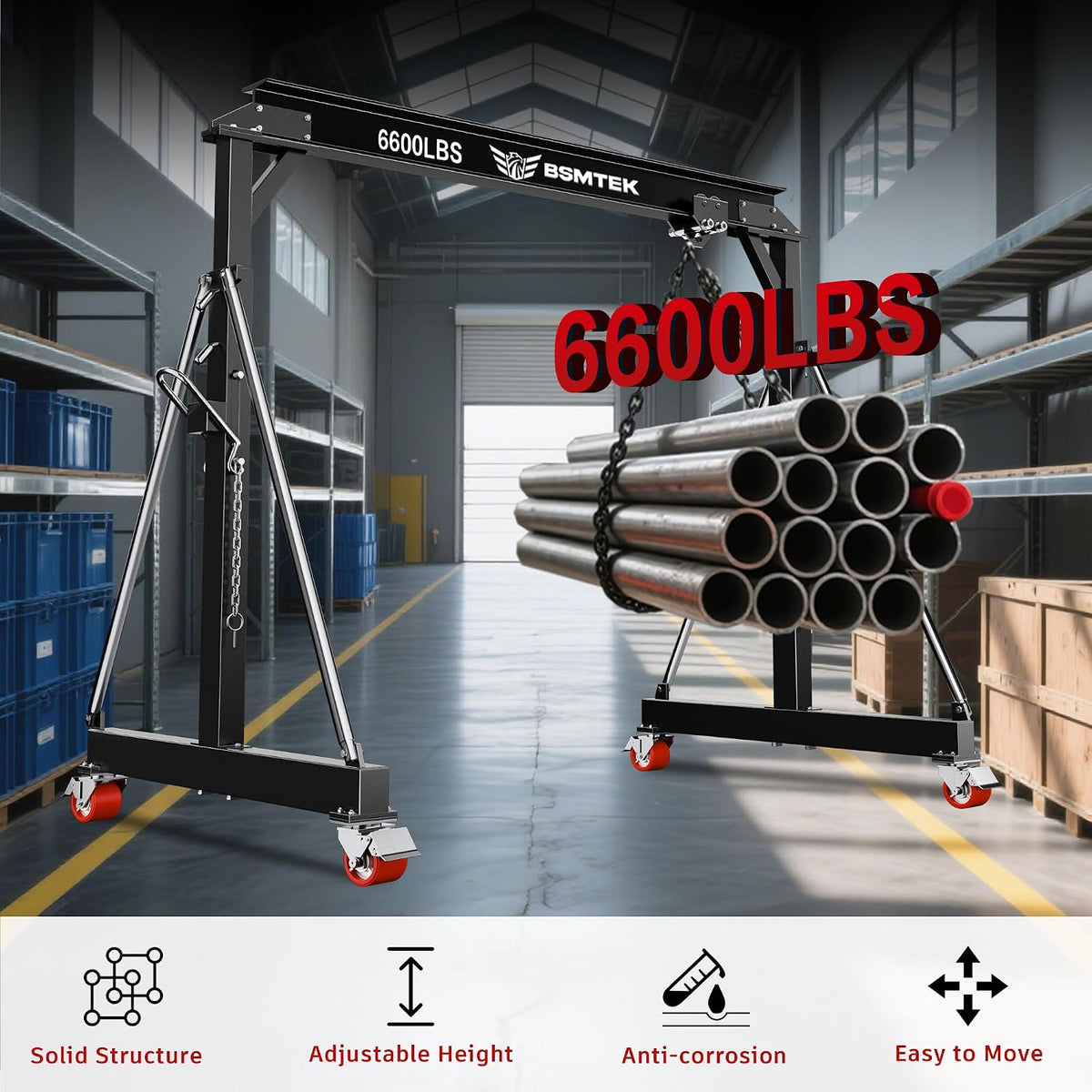 3 Ton Gantry Crane MAX6600lbs, Manual Trolley, 8.53FT Max Width, Portable Shop Crane with 8.53-12.47 FT Adjustable Height for Factories, Warehouses, Auto Repair, Black