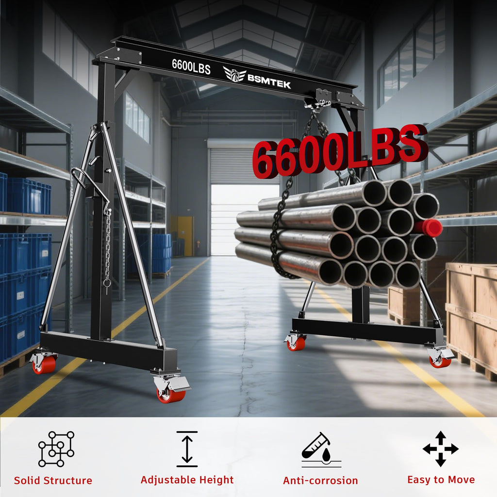 3 Ton Adjustable Gantry Crane,2026 Upgraded 6600LBS Steel I-Beam Construction, Portable Design with 360Â°Locking Wheels,Gantry Crane Adjustable Height from 8.53-12.5ft for Workshop,Garage