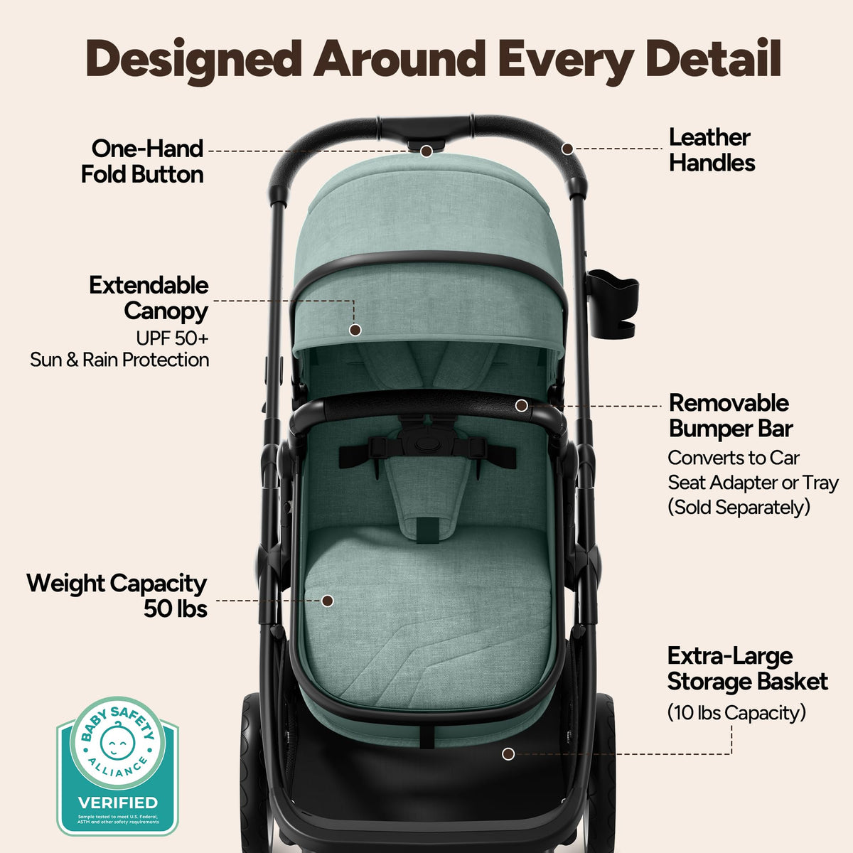 Mompush Wiz 2-in-1 Bassinet Stroller Reversible Seat, One-Hand Fold, Sage