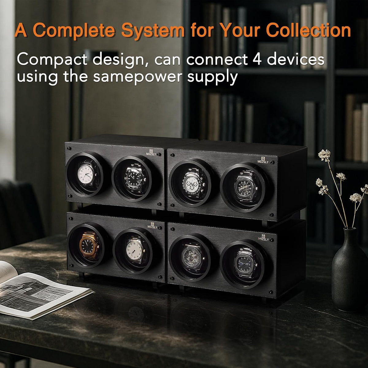 MOZSLY Double Watch Winder for Automatic Watches with Quiet Motor 12 Rotation Mode Setting AC Adapter or Battery Powered PU Leather