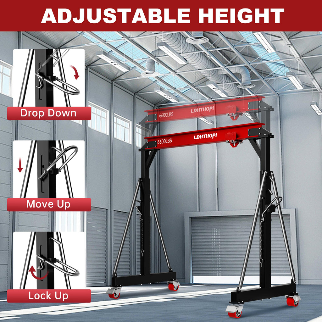 LDHTHOPI 3 Ton Gantry Crane, 6600LBS Adjustable Height 8.53 to 12.47ft with Triangle Base, Portable I-Beam Hoist for Factory, Warehouse, Auto Repair & Construction,Red