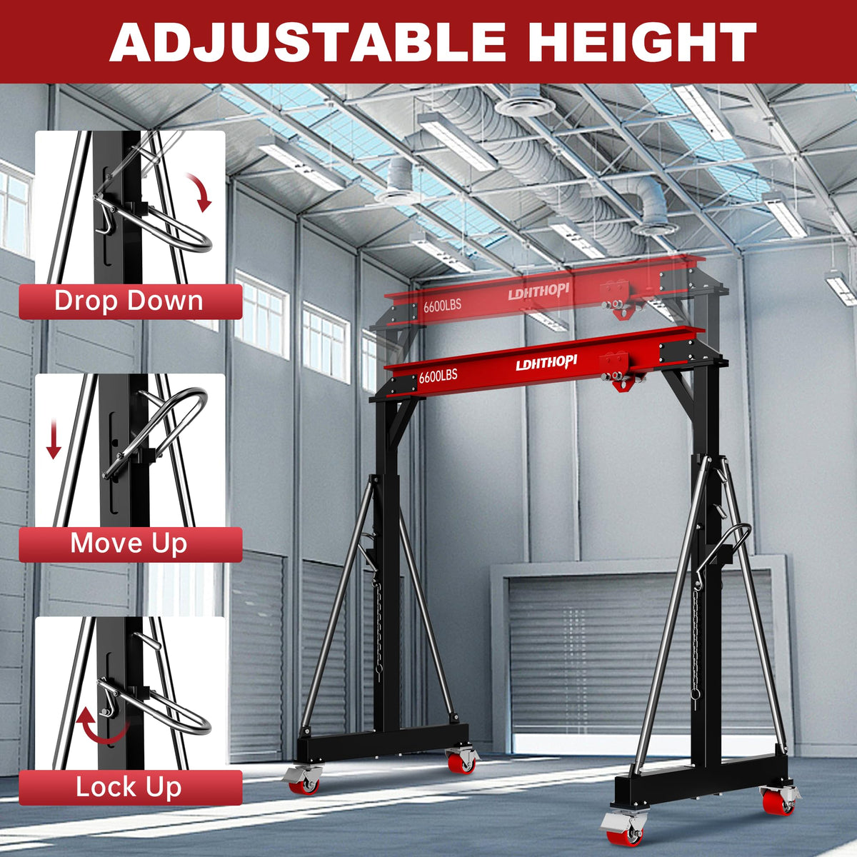 LDHTHOPI 3 Ton Gantry Crane, 6600LBS Adjustable Height 8.53 to 12.47ft with Triangle Base, Portable I-Beam Hoist for Factory, Warehouse, Auto Repair & Construction,Red