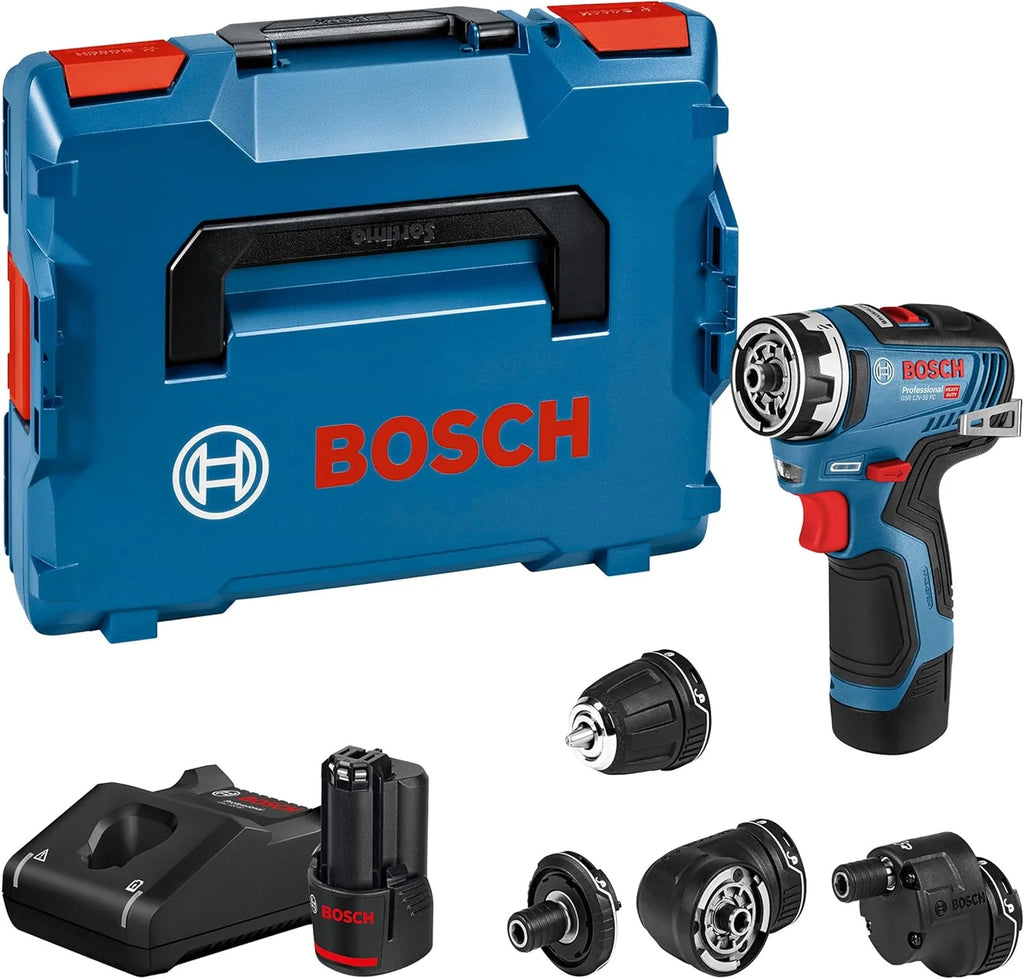 Bosch Professional system 12V: akumulatorowa wiertarko-wkrętarka GSR 12V-35 FC (2 akumulatory GBA 12V 3.0Ah, szybka ładowarka GAL 12V-40, 4 wymienne uchwyty FlexiClick, walizka L-BOXX)