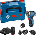 Bosch Professional system 12V: akumulatorowa wiertarko-wkrętarka GSR 12V-35 FC (2 akumulatory GBA 12V 3.0Ah, szybka ładowarka GAL 12V-40, 4 wymienne uchwyty FlexiClick, walizka L-BOXX)