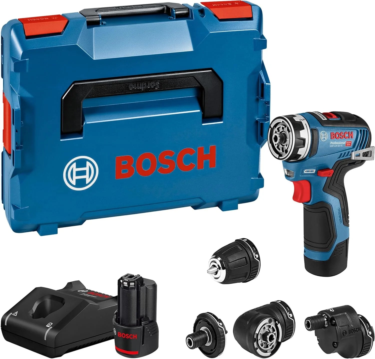 Bosch Professional system 12V: akumulatorowa wiertarko-wkrętarka GSR 12V-35 FC (2 akumulatory GBA 12V 3.0Ah, szybka ładowarka GAL 12V-40, 4 wymienne uchwyty FlexiClick, walizka L-BOXX)