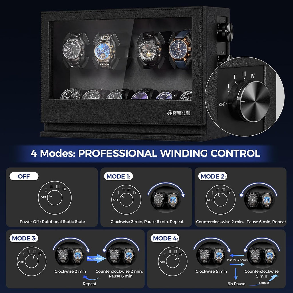BEWISHOME 4 Watch Winders for Automatic Watches, 6 Display Case LED 4 Modes