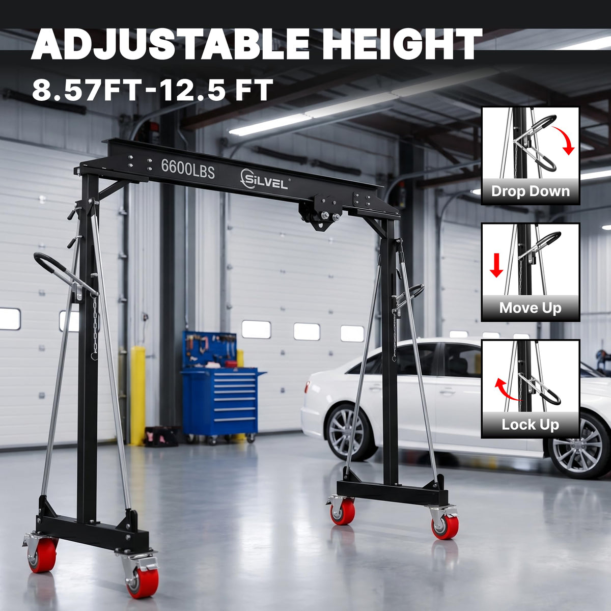 SILVEL 3 Ton Gantry Crane 6600LBS, Adjustable Height 8.53-12.47FT Heavy Duty Portable Engine Hoist with Steel I-Beam & Manual Trolley for Workshop, Garage, Warehouse,Red