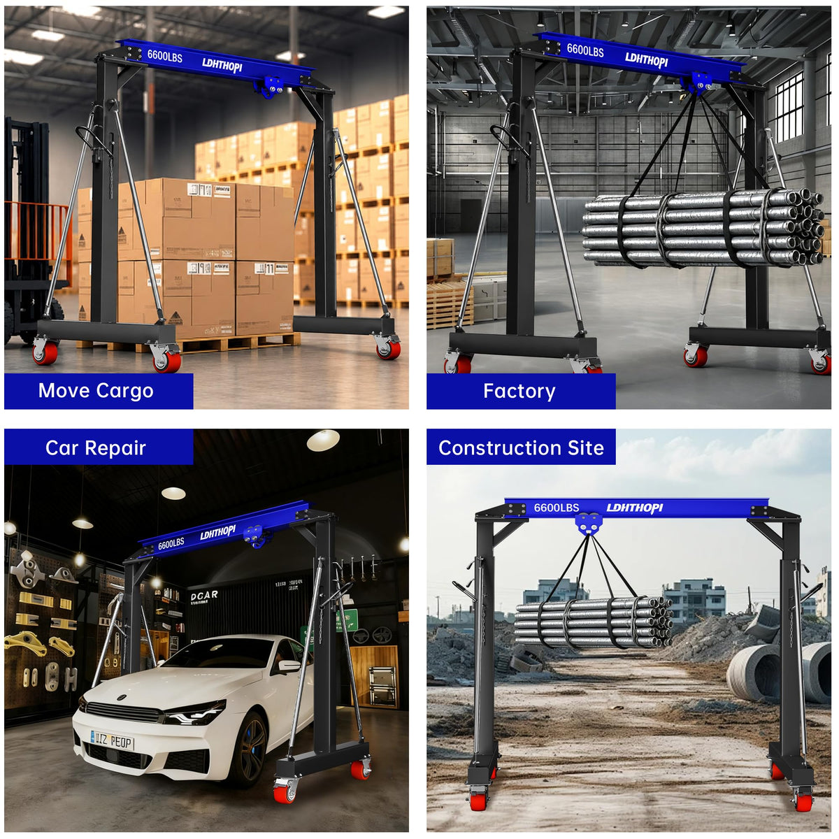 LDHTHOPI 3 Ton Gantry Crane, 6600LBS Adjustable Height 8.53 to 12.47ft with Triangle Base, Portable I-Beam Hoist for Factory, Warehouse, Auto Repair & Construction,Red