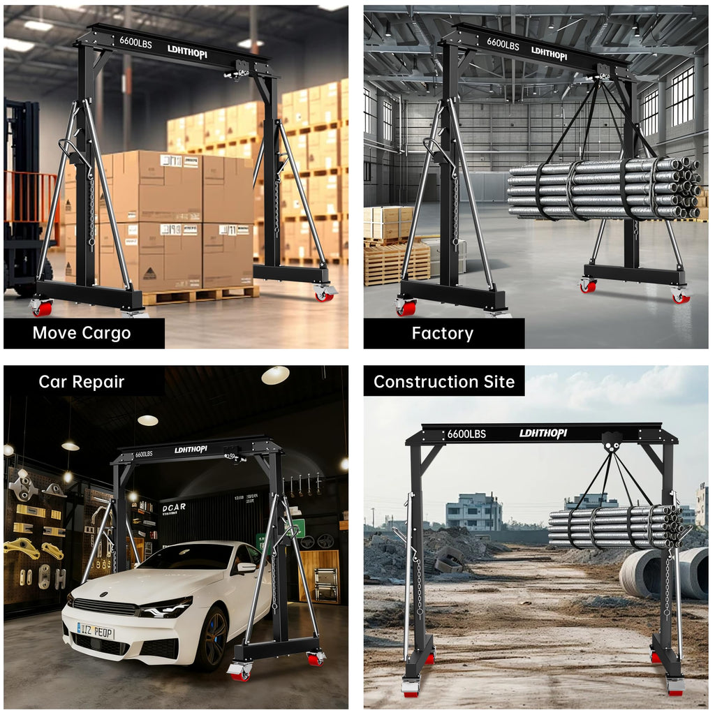 LDHTHOPI 3 Ton Gantry Crane, 6600LBS Adjustable Height 8.53 to 12.47ft with Triangle Base, Portable I-Beam Hoist for Factory, Warehouse, Auto Repair & Construction,Red