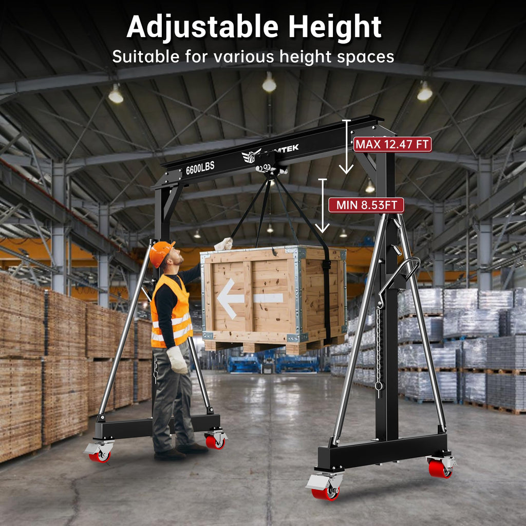 3 Ton Adjustable Gantry Crane,2026 Upgraded 6600LBS Steel I-Beam Construction, Portable Design with 360Â°Locking Wheels,Gantry Crane Adjustable Height from 8.53-12.5ft for Workshop,Garage