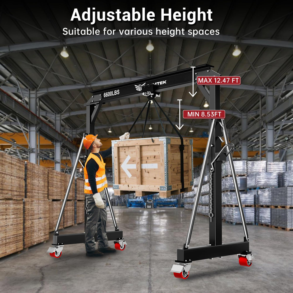 3 Ton Adjustable Gantry Crane,2026 Upgraded 6600LBS Steel I-Beam Construction, Portable Design with 360Â°Locking Wheels,Gantry Crane Adjustable Height from 8.53-12.5ft for Workshop,Garage