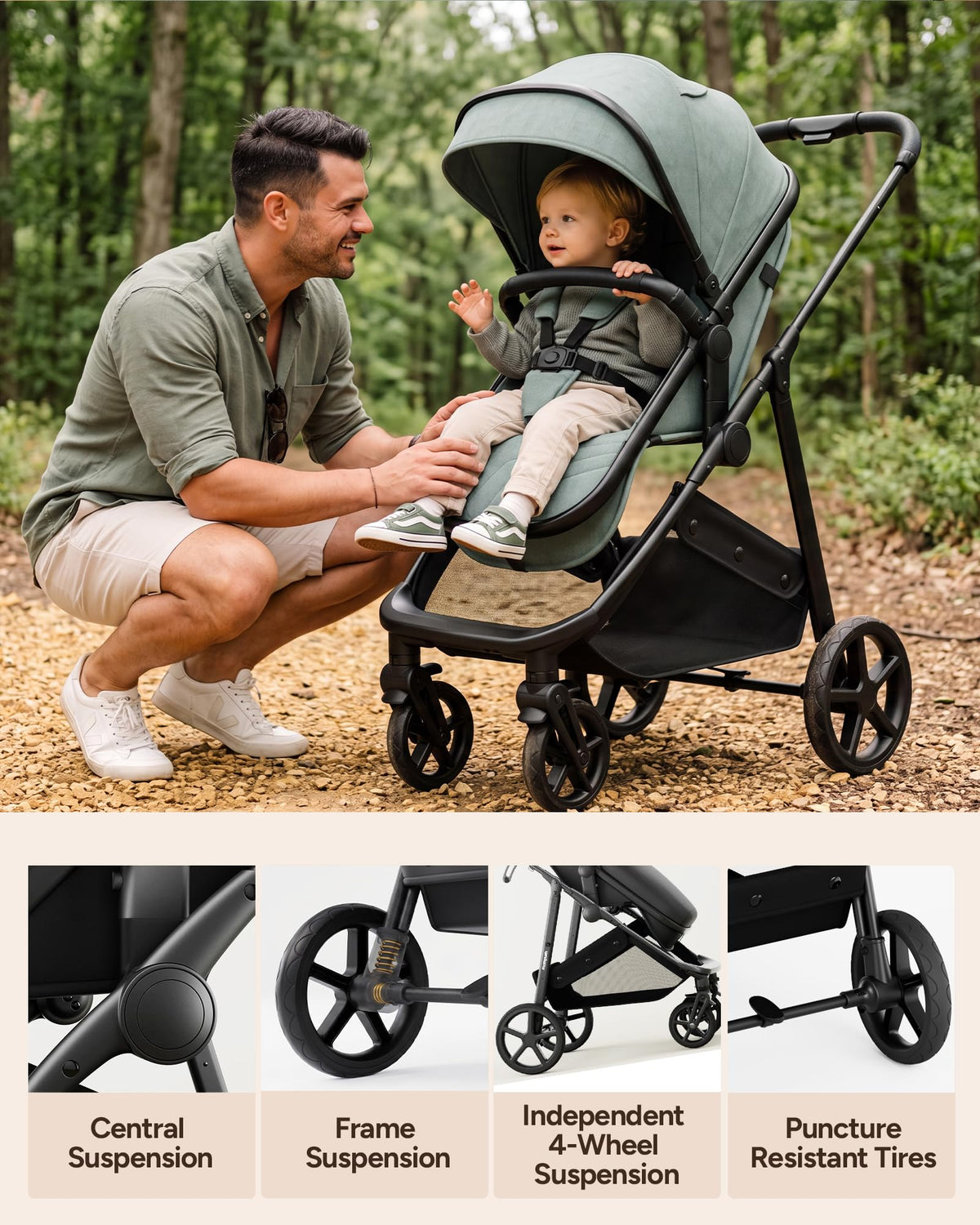 Mompush Wiz 2-in-1 Bassinet Stroller Reversible Seat, One-Hand Fold, Sage