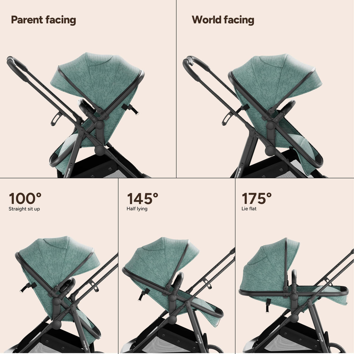 Mompush Wiz 2-in-1 Bassinet Stroller Reversible Seat, One-Hand Fold, Sage
