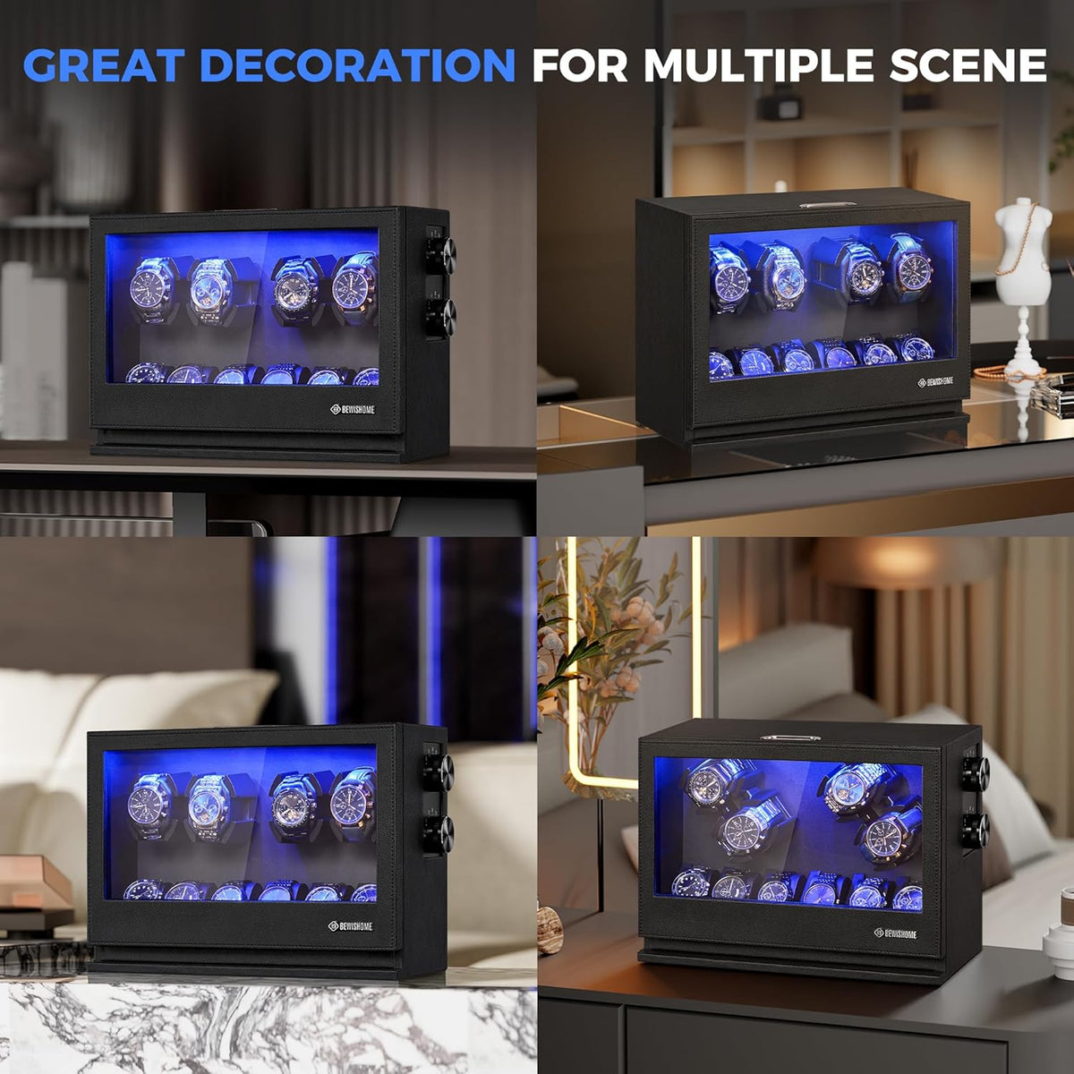 BEWISHOME 4 Watch Winders for Automatic Watches, 6 Display Case LED 4 Modes