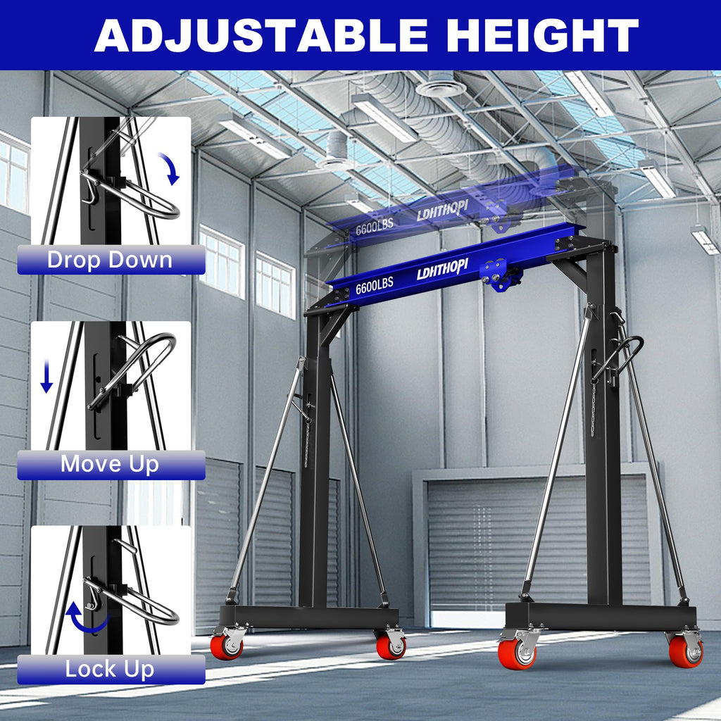 LDHTHOPI 3 Ton Gantry Crane, 6600LBS Adjustable Height 8.53 to 12.47ft with Triangle Base, Portable I-Beam Hoist for Factory, Warehouse, Auto Repair & Construction,Red