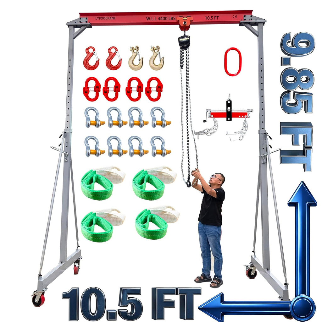 Width 10.5 FT Adjustable Gantry Crane 4000 LB Capacity, Height Adjustable Gantry 9.85 FT ~ 10FT ~ 12 FT~12.5 FT~13.90 FT, Portable Gantry Hoist 2T, Garage Crane with Hoist and Rigging Kit (10.5 FT)