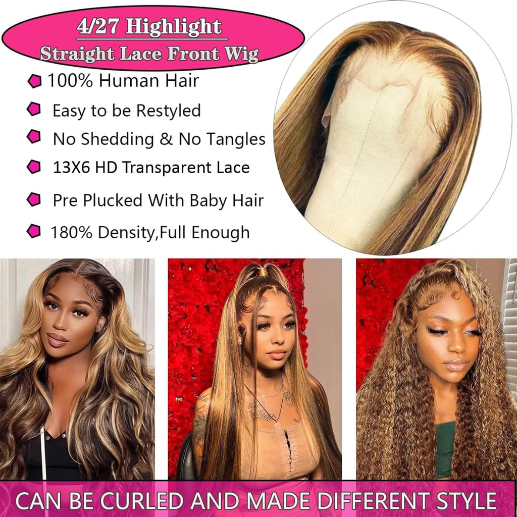 13x6 Ombre Lace Front Wig Human Hair 28IN 180Density Highlight Straight Wig